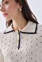 Women's Ecru Jacquard Polo Collar Short Sleeve Sweater - 3