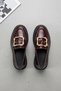 Burgundy Patent Leather Genuine Leather Women's Loafer Shoes with Large Square Gold Buckle Real Leather Moccasin Shoes - 6