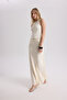 Eubah Wrinkled Long Ecru Satin Skirt
