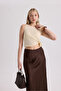 Eubah Wrinkled Long Brown Satin Skirt - 6