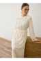 Chiffon Fabric Hijab Dress with Folded Waist Detail - Ecru - - 3