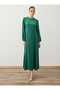 Crew Neck Balloon Sleeve Satin Hijab Dress - Dark Green - - 3