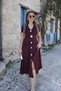 Buketli̇ Women's Fixed L Stretch Fabric K Belt I Large Yellow Button and Ce Pocket Detail Collar Short Sleeve Long Dress - 4