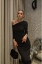 Women's Gray Glittery Tulle Detail Asymmetrical One Shoulder Long Sleeve Midi Length Evening Dress - 3