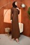Brown Crew Neck Stone Embroidered Evening Dress - 4