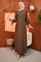 Brown Crew Neck Stone Embroidered Evening Dress