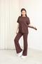 Women's Modal Fabric Crew Neck Tie Detail Short Sleeve Top and Bottom Set - 6