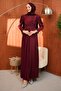 Burgundy Draped Front and Tailored Satin Evening Dress - 3