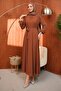 Tan Waist Belted Stone Embellished Evening Dress - 5