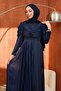 Navy Blue Satin Evening Dress with Draped Front and Draped Back - 2