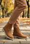 Tan Suede Lace-Up Zippered Women's Heeled Boots - 3