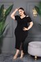 Off-The-Shoulder Tulle Detail Plus Size Stretchy Fabric Bust Ruched Slits Lace Black Midi Dress - 2
