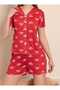 Red Color Heart Pattern Shirt Collar Bow Detail Thin Spring Fabric Shorts Women's Pajama Set - 4