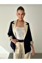 Contrast Color Paneled Blazer Jacket Palazzo Pants Cream - Navy Blue Women's Suit - 2