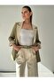 Contrast Color Paneled Blazer Jacket Palazzo Pants Cream - Light Khaki Women's Suit - 4