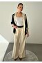Contrast Color Paneled Blazer Jacket Palazzo Pants Cream - Navy Blue Women's Suit - 5