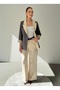 Contrast Color Paneled Blazer Jacket Palazzo Pants Cream - Anthracite Women's Suit - 4