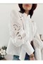 Women's White Eyelet Embroidery Embroidered Balloon Sleeve Shirt Blouse - 6