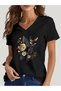 Women's Floral Printed V-Neck Sleeved Regular Fit T-Shirt