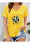Women's Butterfly Printed V-Neck Sleeved Regular Fit T-Shirt