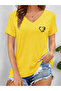 Women's Heart Printed V-Neck Sleeved Regular Fit T-Shirt