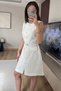 Elegant White Buttoned Short Modern Dress with Belt Buttons