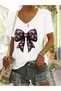Women's Ribbon Printed V-Neck Sleeved Regular Fit T-Shirt