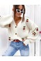 Women's Cherry Patterned V-Neck Buttoned Knitwear Cardigan Jacket Cropped Comfortable Fit Stylish Sweater - 4