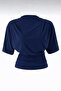Women's Navy Blue Fitted Bat Sleeve Stretchy Knitted Blouse 0067