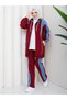 3-Piece Women's Sports Set Two Yarns Pa Cotton Ot Detailed Ka Hooded Et N-05502 _ Claret Red - 3