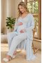 New Season Blue Maternity Premium Lace Detailed Stylish Long Sleeve Dressing Gown Pajama Set 3-Piece Set