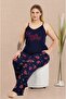 Navy Blue Large Size Strappy Floral Print Pajama Set - 2