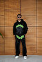 Base Steps Men's Hooded Tracksuit Set with Spider Web and Neon Green Print Kangaroo Pockets - Black - 5
