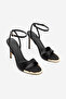 Women's Oval Toe Ankle Strap Gold Metal Frame Classic Heeled Sandals Dospin Black Satin - 5