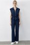 Navy Blue Zippered Double Pocket Adjustable Vest Elastic Waist Pants Modal Suit 8051 60286045
