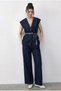Women's Navy Blue Double Breasted Collar Satin Belted Vest Loose Pants Bottom-Top Denim Suit 9415 60286044