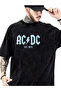 Unisex Black Oversized 100% Cotton Back and Front Printed Crew Neck Street Style T-Shirt Acdc - 2