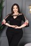Plus Size Sleeves and Cuffs Embroidered Above Tulle Bow Detail Stylish Trousers Tunic Set - 3