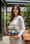 Knitted Colorful Motif Wooden Burslu Navy Blue Bag - 2