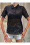 Women's Black Polo Collar Front Buttoned Short Sleeve Sheer Lace T-Shirt Blouse