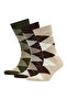 Stitch-Free Bamboo Socks Jacquard Beige Color Diamond Patterned Men's Socks Boxed 3 Pairs Premium Long Socks