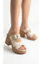 Buckle Detail Women's High Straw Look Shoes with Front Stripes Wedge Heel Slipper Sandals - 6