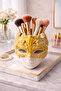 Gold Leaf Detailed Mask Decorative Makeup Organizer Tabletop Brush Holder Pen Holder Handmade and Varnished