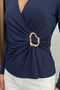 Women's Blouse Gold Buckle Detail Ruched Double-Breasted Collar Long Sleeve Sandy Fabric Stretch Fabric Stylish Blouse - 2