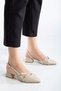 Kayra Women's Beige Patent Leather Cross-Strapped Buckled Slingback 4 cm Pointed Toe Shoes, Pack of Block Heel - 2