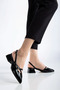 Kayra Women's Black Patent Leather Cross-Strapped Buckled Slingback 4 cm Pointed Toe Shoes, Pack of Block Heel - 2