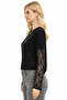 Women's Black Sleeve Lace Paneled Modal Keys Drapey T-Shirt - 2
