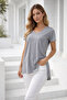 Women's Gray Melange Viscose Side Deep Slit V-Neck T-Shirt - 5