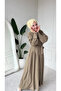 Our Khaki Modal Fabric Belted Buttoned Dress Model - 3