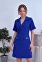 Women's Double-Breasted Collared Short Sleeve Dress Cobalt Blue, Black, Tan - 2